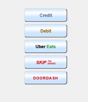 KeenPOS tender buttons: Credit, Debit, Uber Eats, SkipTheDishes, DoorDash