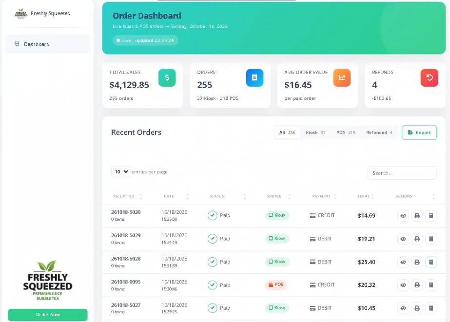 KeenPOS order dashboard with live kiosk and POS orders